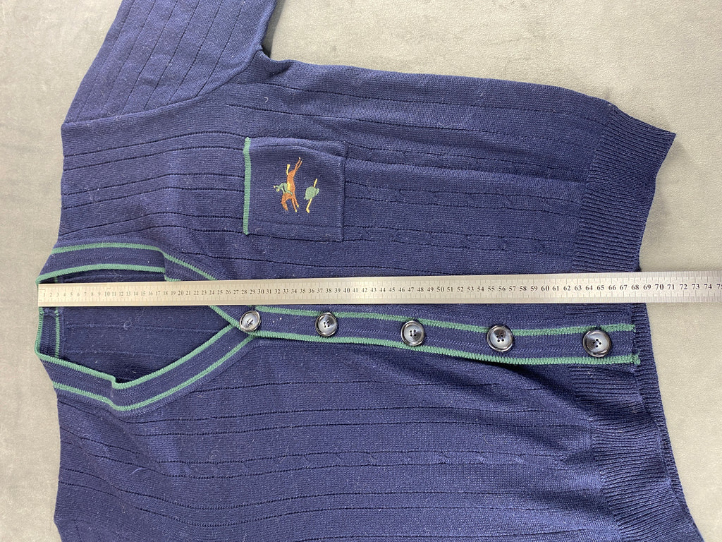 Cardigan in maglia blu navy con profilo verde vintage – Uomo Taglia L