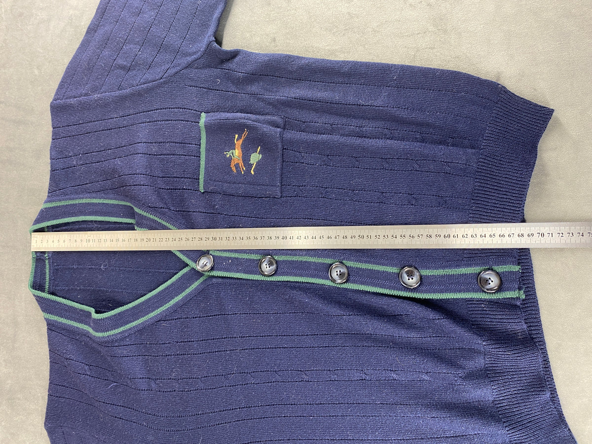 Cardigan in maglia blu navy con profilo verde vintage – Uomo Taglia L