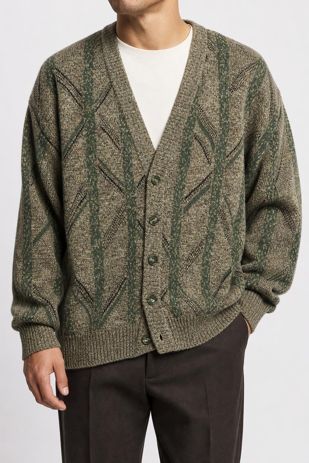 Cardigan in lana verde a fantasia Geyer vintage – Uomo Taglia XXL (IT 56)