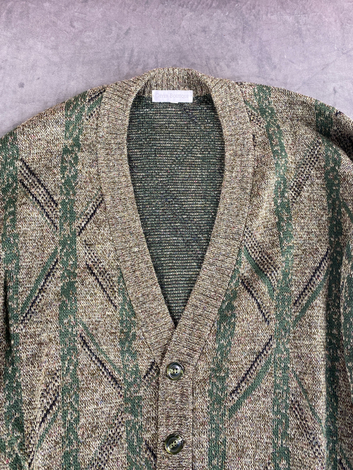 Cardigan in lana verde a fantasia Geyer vintage – Uomo Taglia XXL (IT 56)