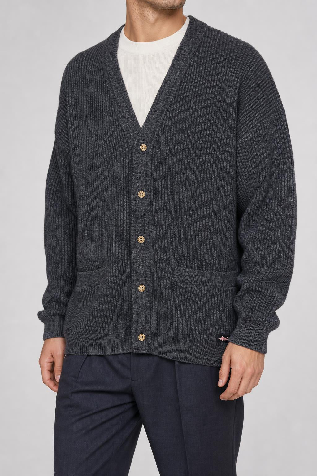 Cardigan in maglia grigio antracite a coste vintage – Uomo Taglia XL