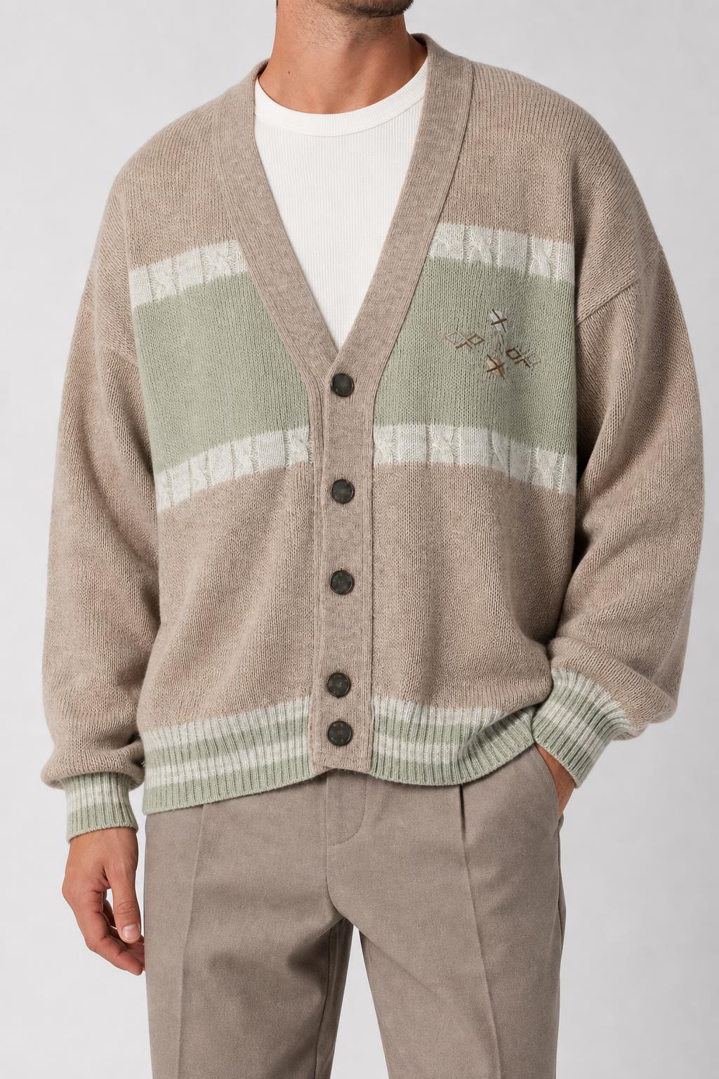 Cardigan in lana beige e verde salvia Ribot vintage – Uomo Taglia M