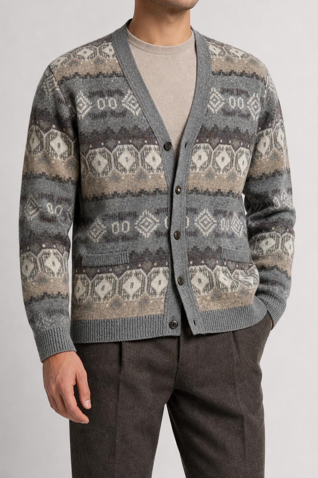 Cardigan in lana e alpaca a fantasia nordica Roses vintage – Uomo Taglia XL