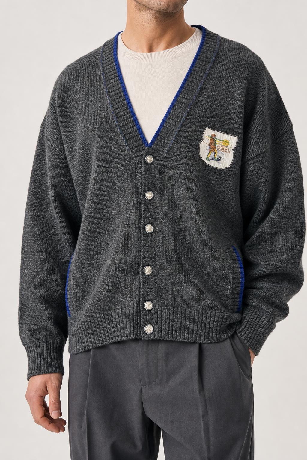 Cardigan in maglia grigio antracite con toppa vintage – Uomo Taglia L