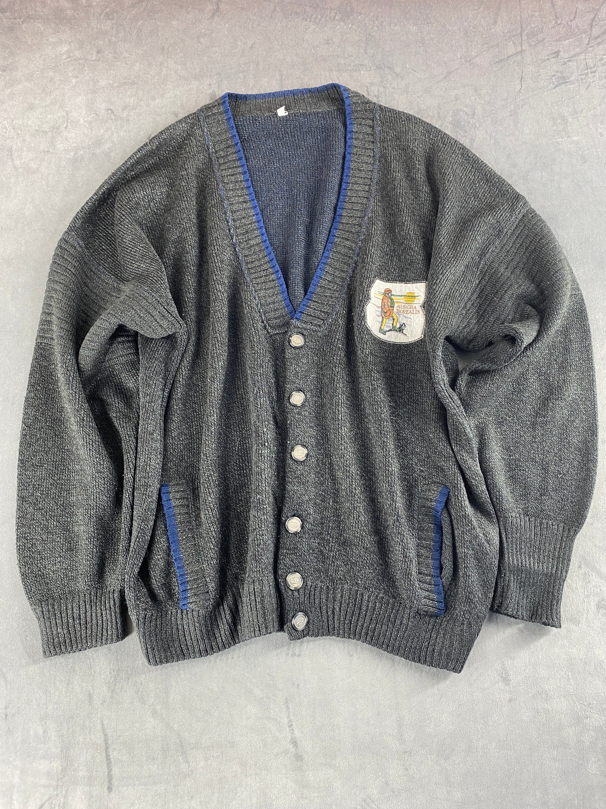 Cardigan in maglia grigio antracite con toppa vintage – Uomo Taglia L