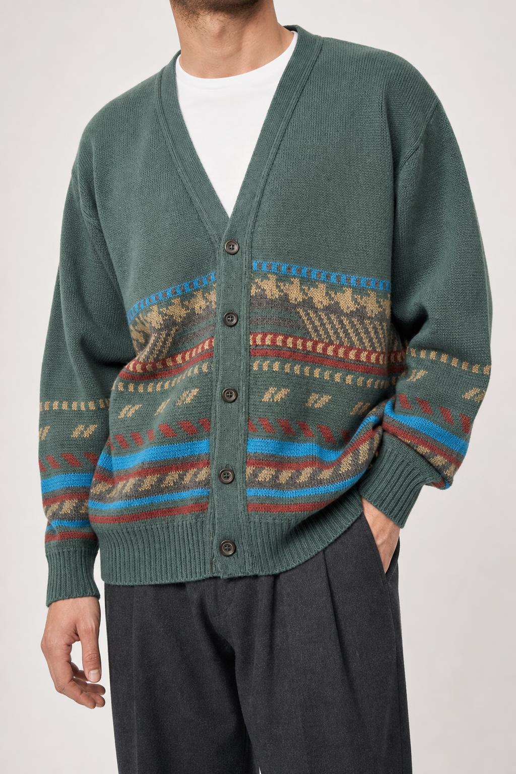 Cardigan in lana verde salvia a fantasia vintage – Uomo Taglia L