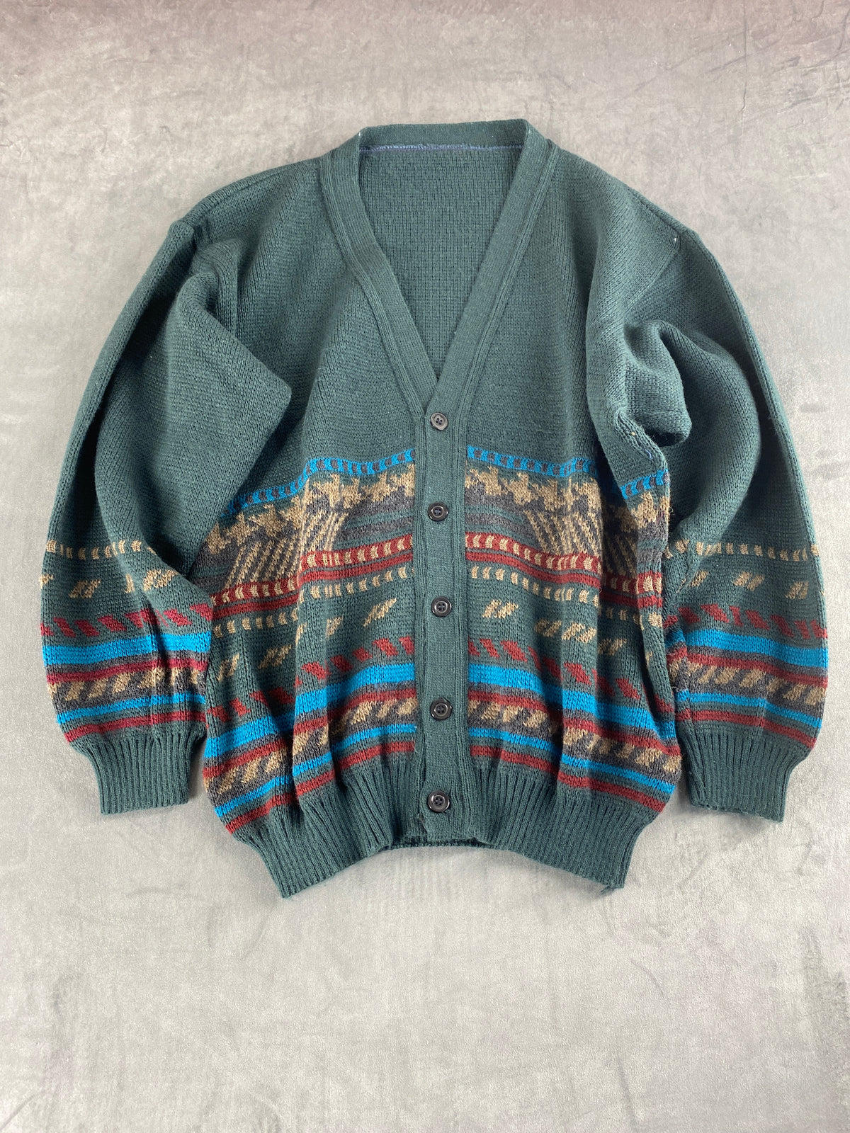 Cardigan in lana verde salvia a fantasia vintage – Uomo Taglia L