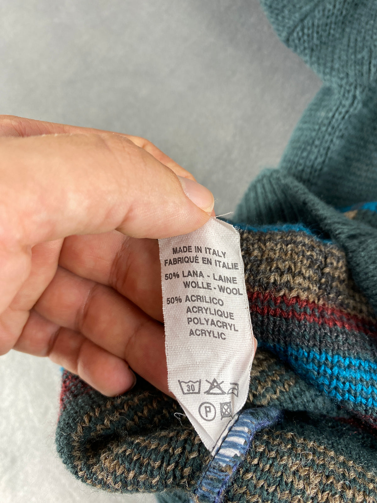 Cardigan in lana verde salvia a fantasia vintage – Uomo Taglia L