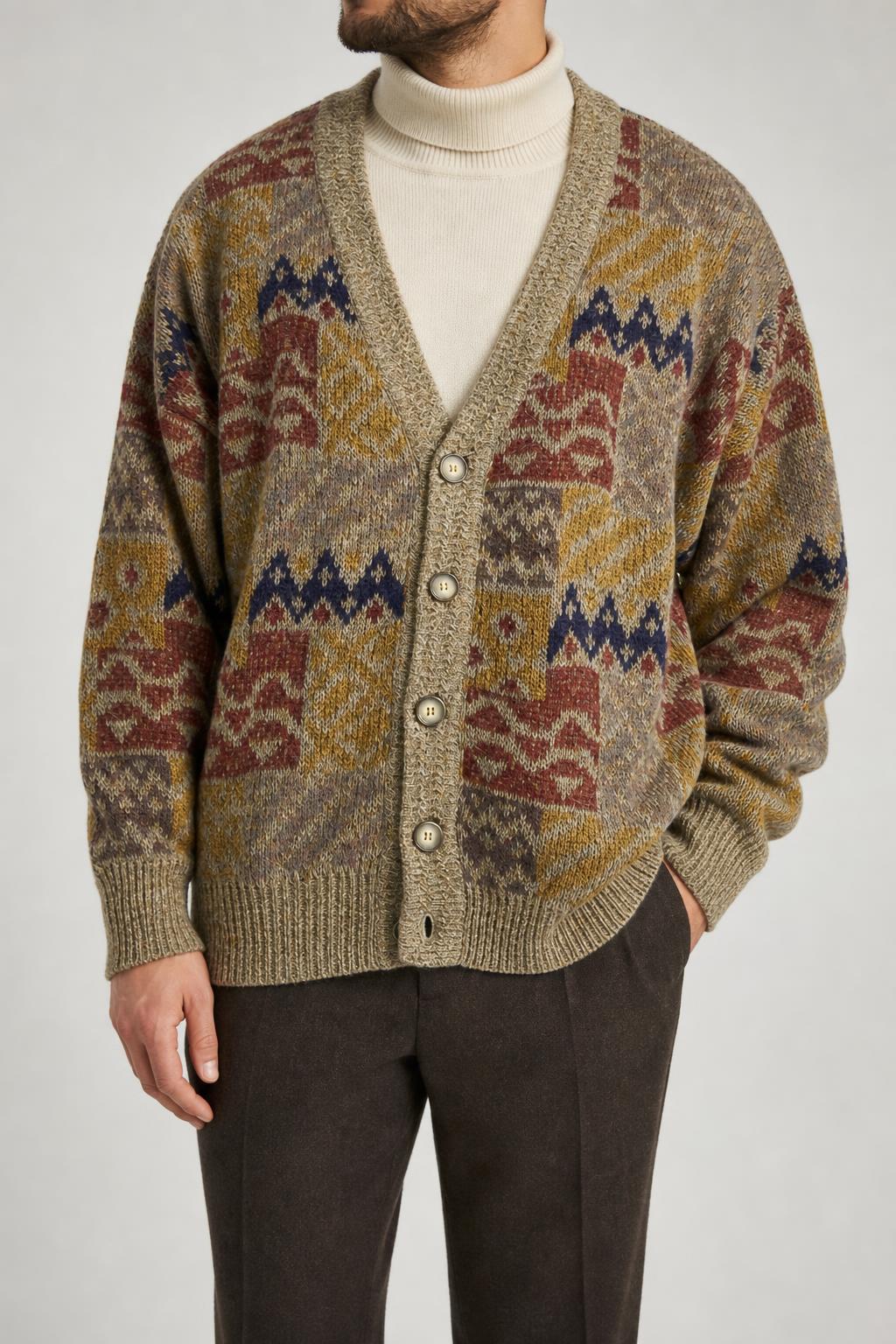 Cardigan in lana a fantasia patchwork vintage – Uomo Taglia L