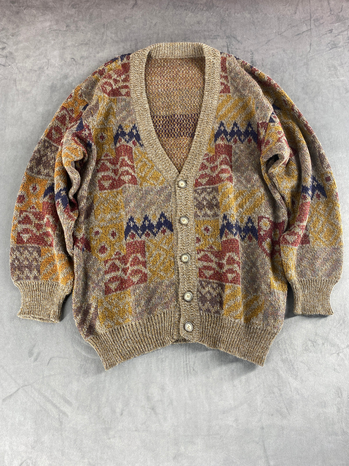 Cardigan in lana a fantasia patchwork vintage – Uomo Taglia L
