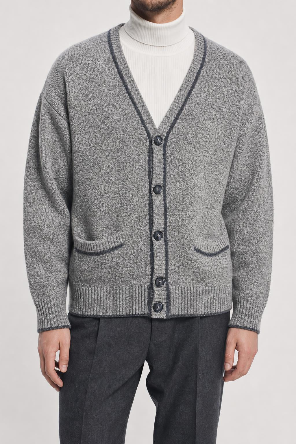Cardigan in lana grigio con profilo a contrasto FBM vintage – Uomo Taglia XL (IT 54)