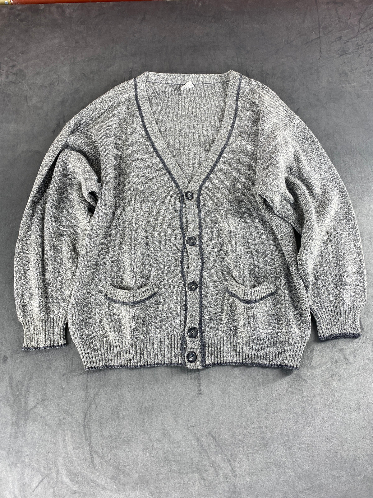 Cardigan in lana grigio con profilo a contrasto FBM vintage – Uomo Taglia XL (IT 54)