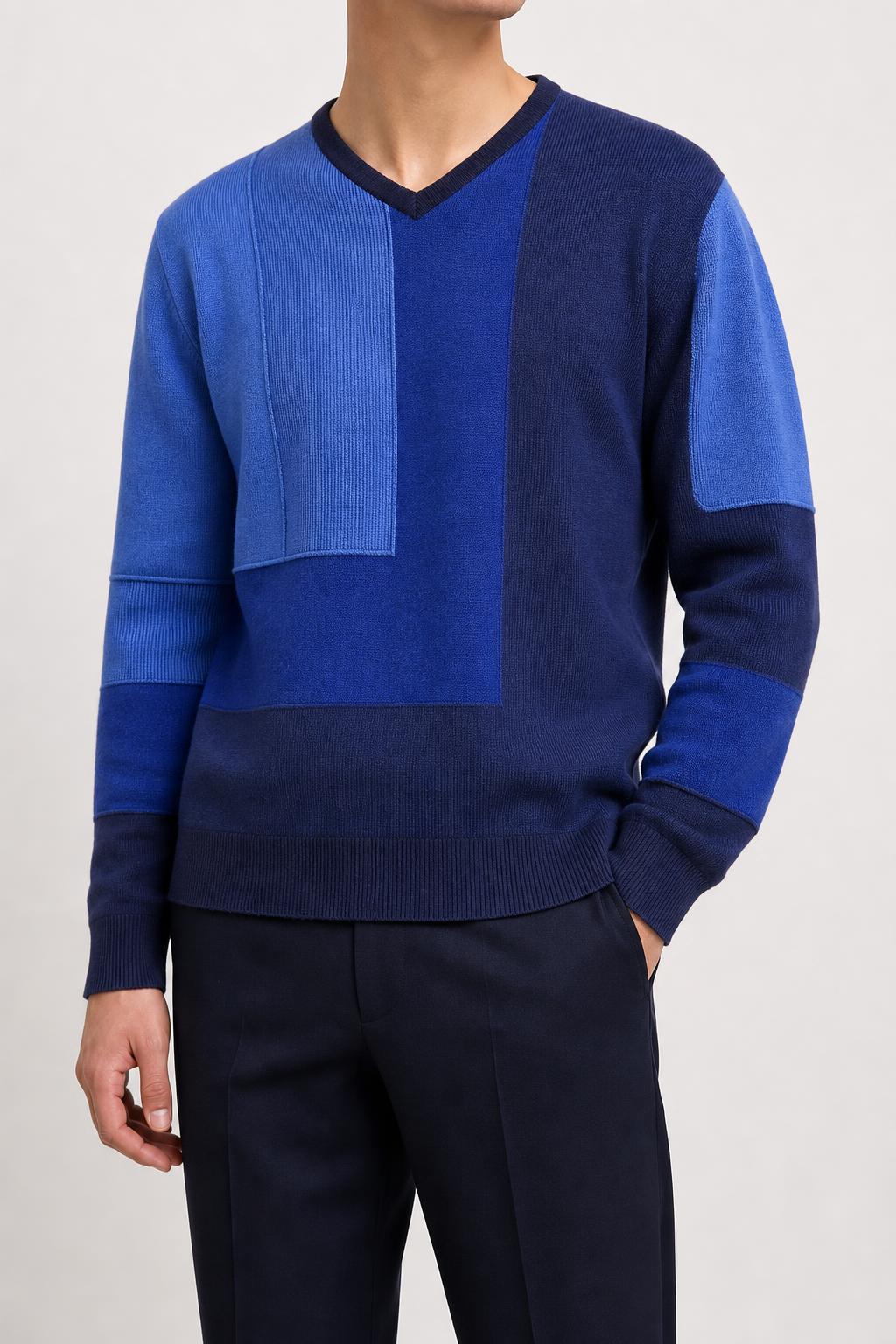 Maglione in lana merino color-block blu Maselli vintage – Uomo Taglia L