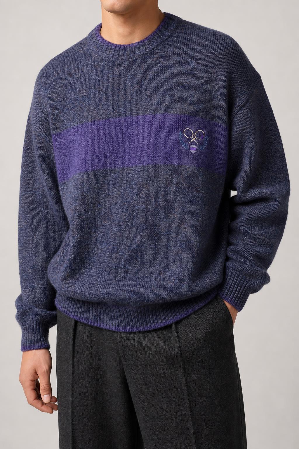 Maglione girocollo in lana blu-viola con banda vintage – Uomo Taglia M (IT 50)