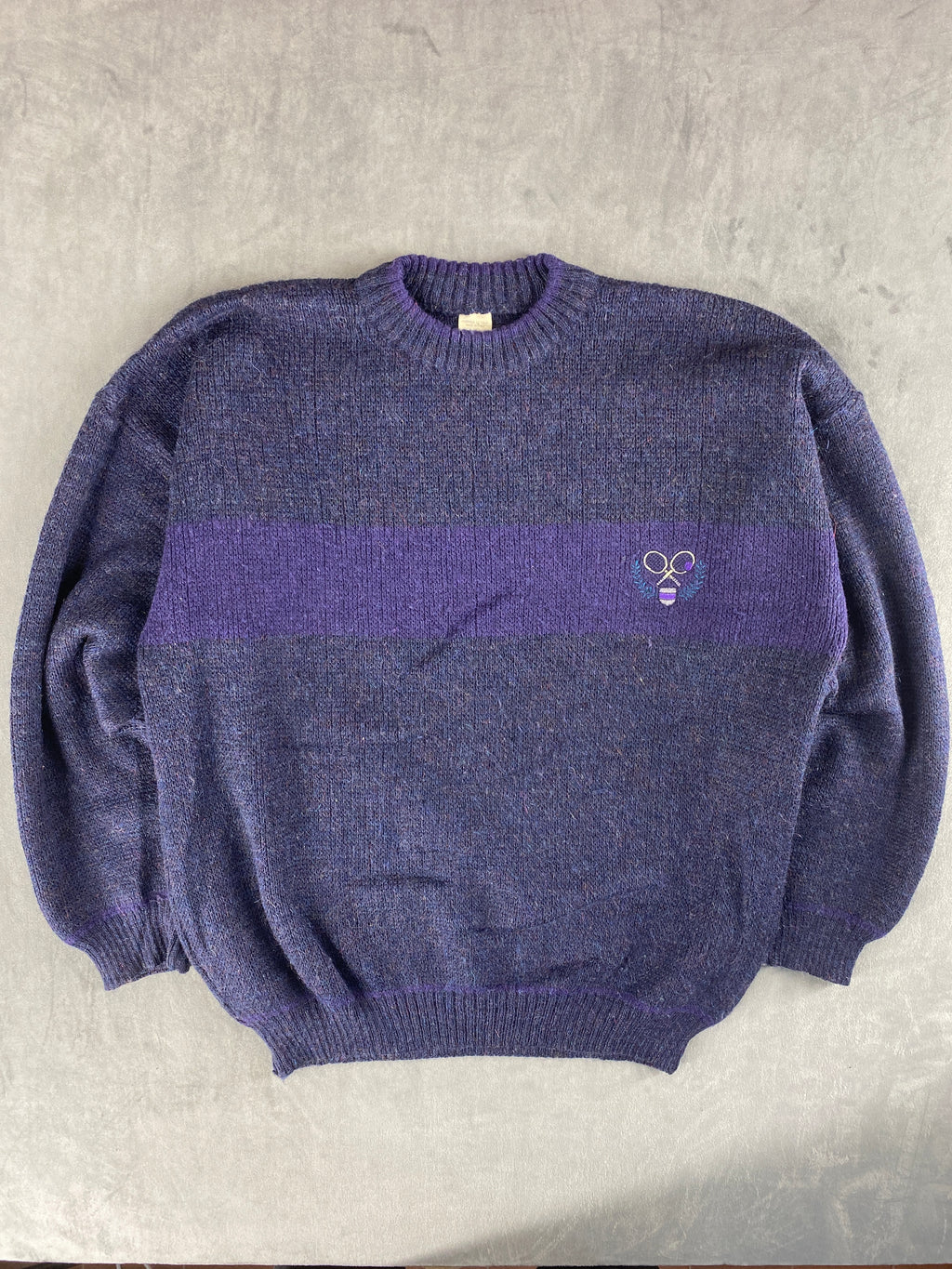 Maglione girocollo in lana blu-viola con banda vintage – Uomo Taglia M (IT 50)