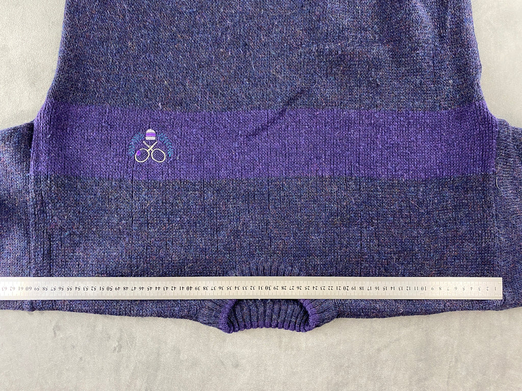 Maglione girocollo in lana blu-viola con banda vintage – Uomo Taglia M (IT 50)