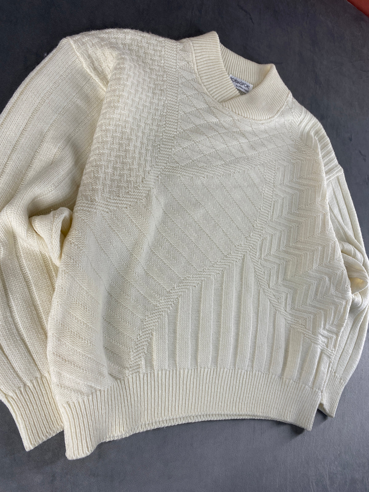 Maglione girocollo in maglia lavorata panna Tobiasport vintage – Uomo Taglia L