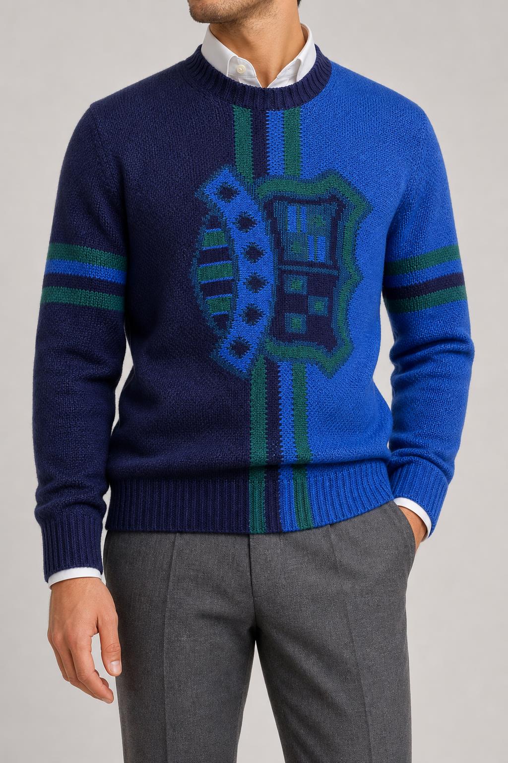Maglione girocollo in maglia blu a fantasia vintage – Uomo Taglia L