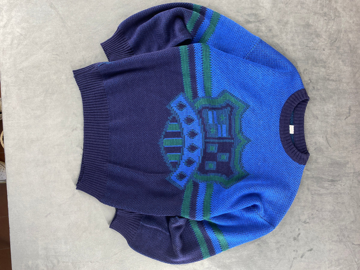 Maglione girocollo in maglia blu a fantasia vintage – Uomo Taglia L