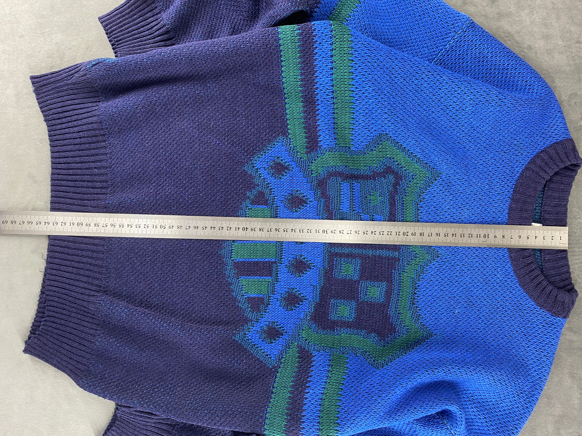 Maglione girocollo in maglia blu a fantasia vintage – Uomo Taglia L