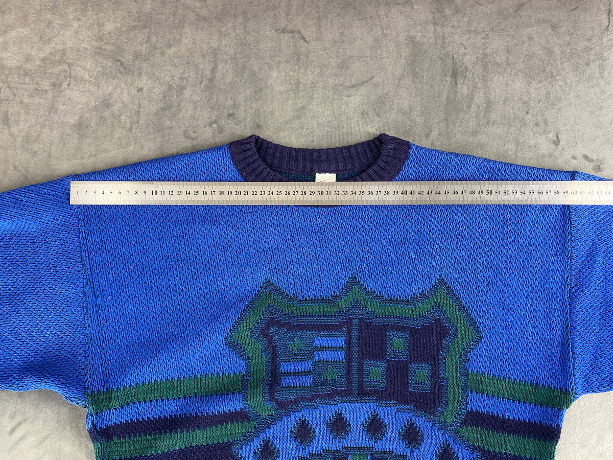 Maglione girocollo in maglia blu a fantasia vintage – Uomo Taglia L