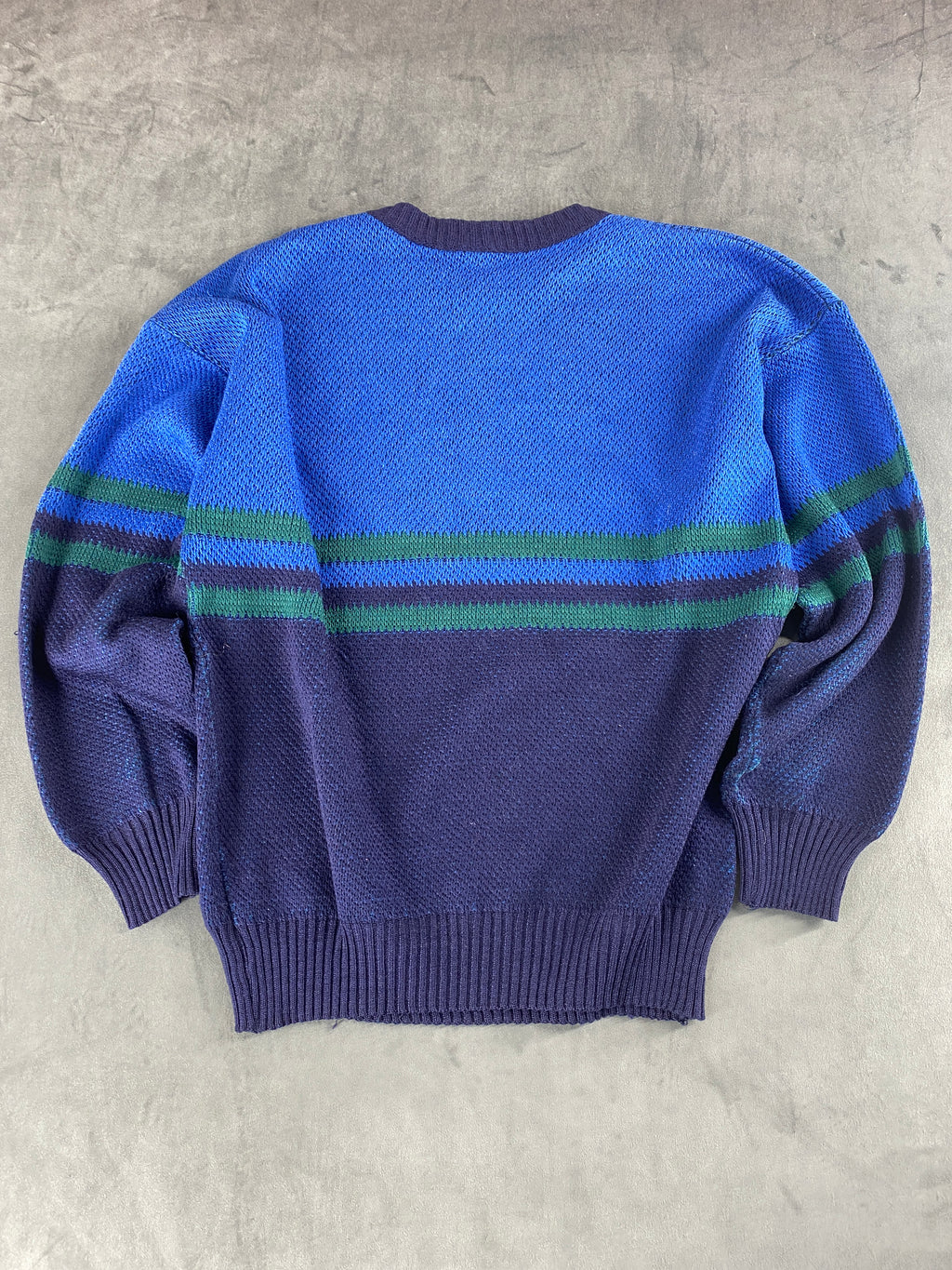 Maglione girocollo in maglia blu a fantasia vintage – Uomo Taglia L