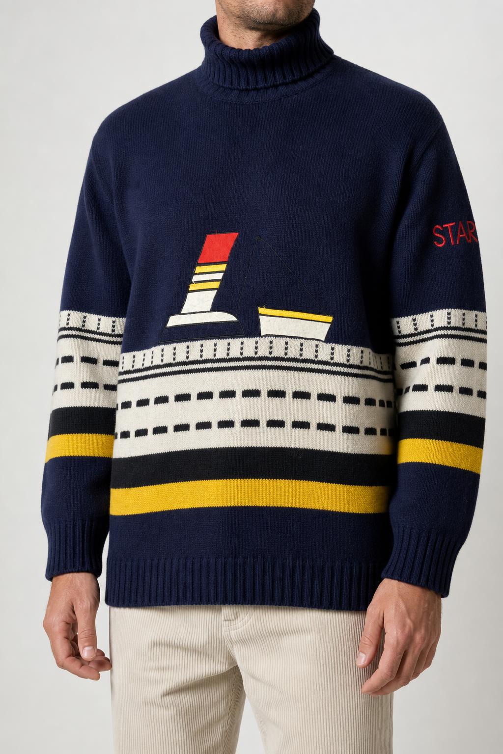 Maglione collo alto blu navy a fantasia nautica Starpoint vintage – Uomo Taglia L