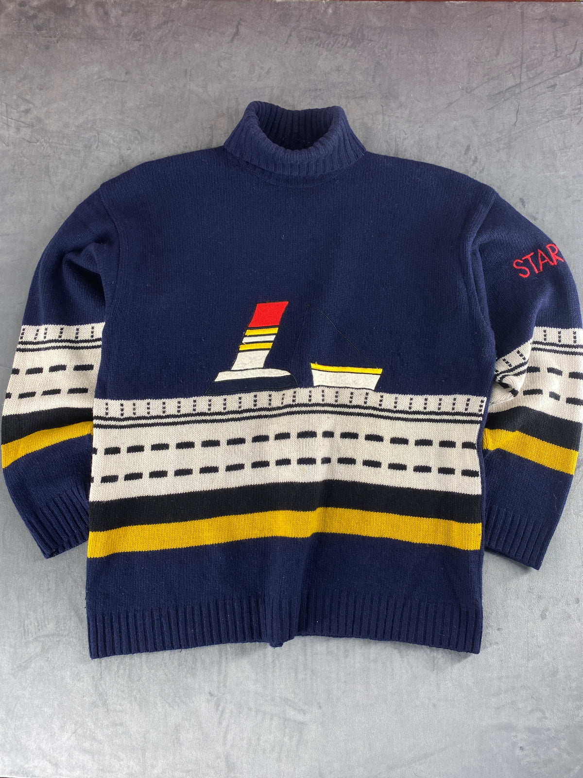 Maglione collo alto blu navy a fantasia nautica Starpoint vintage – Uomo Taglia L