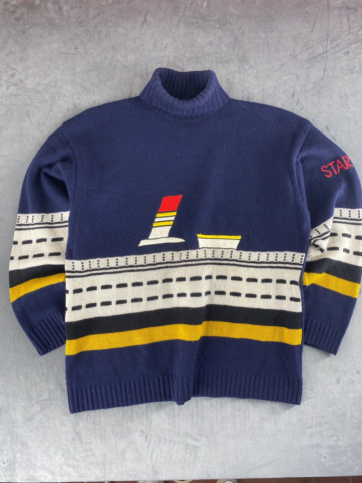 Maglione collo alto blu navy a fantasia nautica Starpoint vintage – Uomo Taglia L