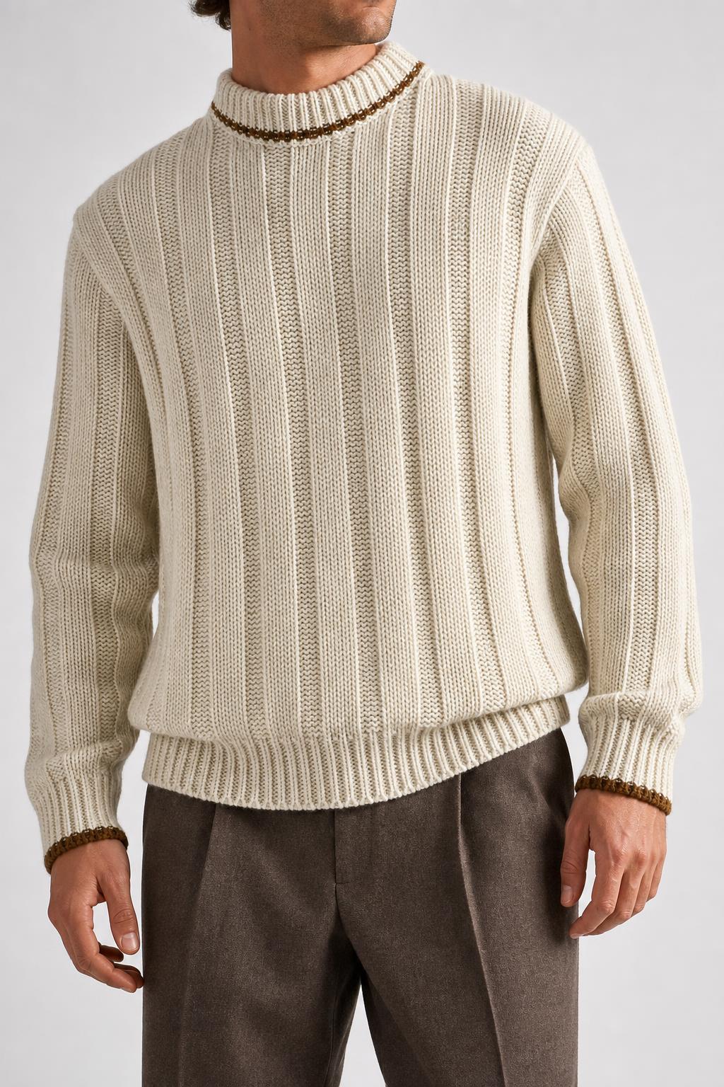 Maglione girocollo in maglia a coste panna vintage – Uomo Taglia L