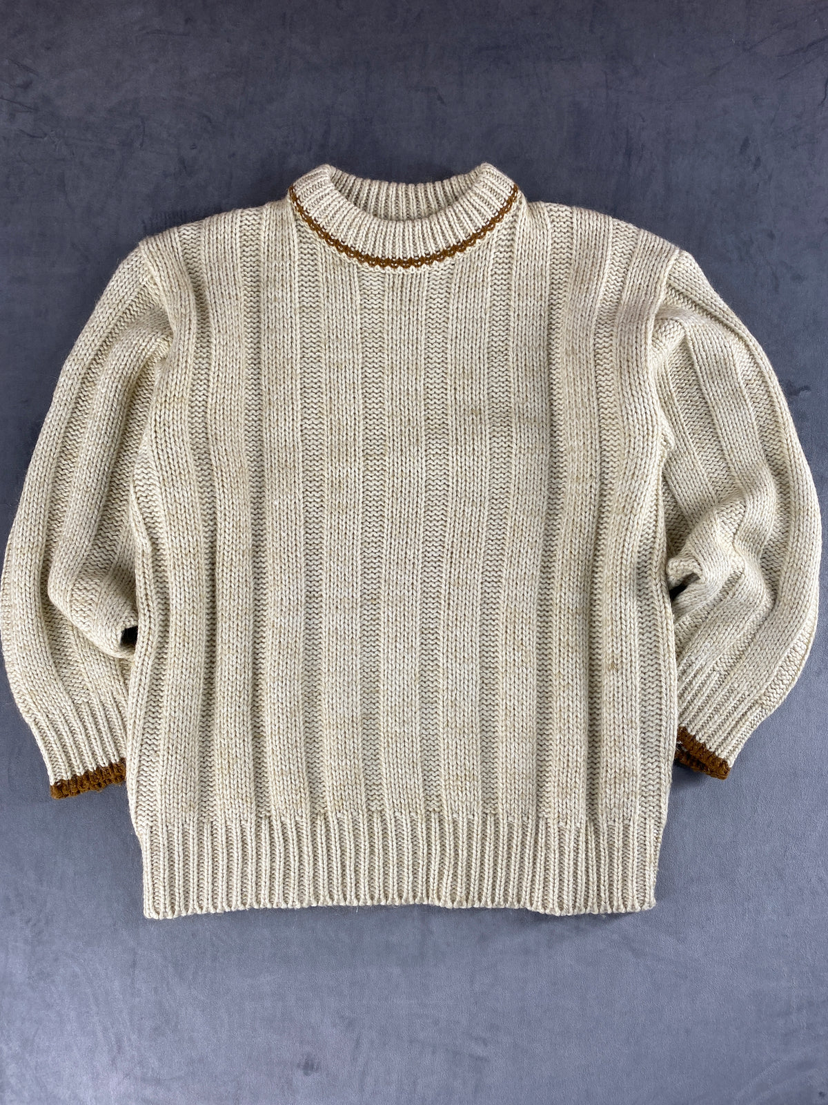 Maglione girocollo in maglia a coste panna vintage – Uomo Taglia L