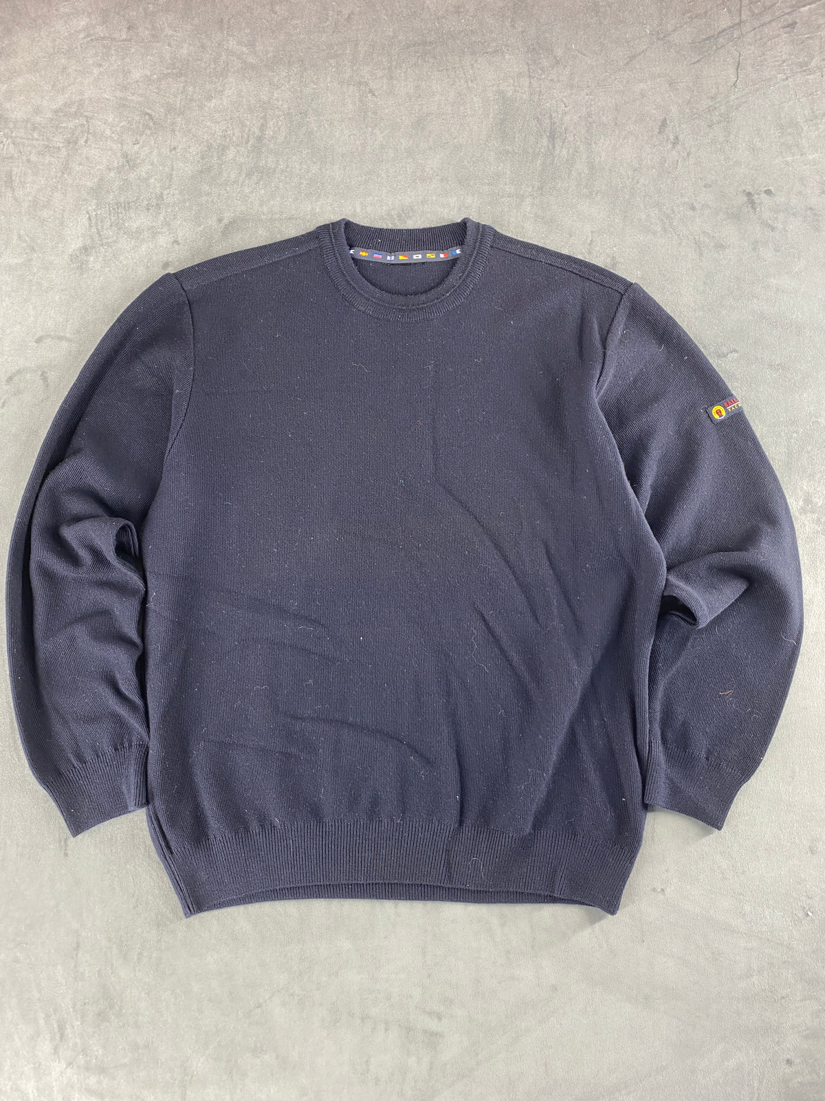 Maglione girocollo in maglia blu navy vintage – Uomo Taglia L