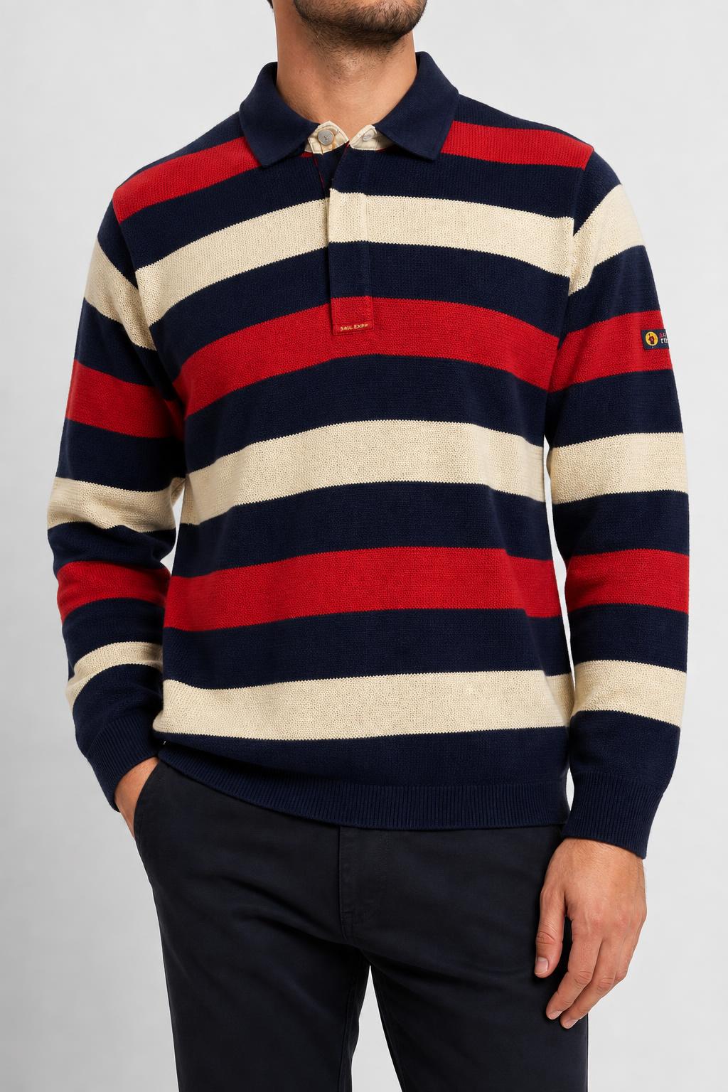 Maglione polo a righe blu rosso e panna Sail Exp vintage – Uomo Taglia L