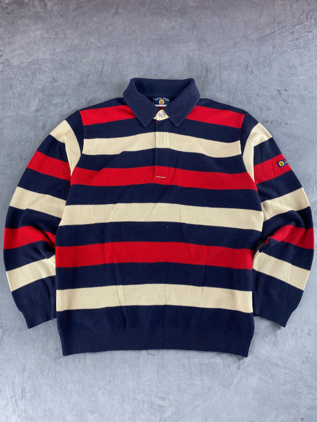 Maglione polo a righe blu rosso e panna Sail Exp vintage – Uomo Taglia L