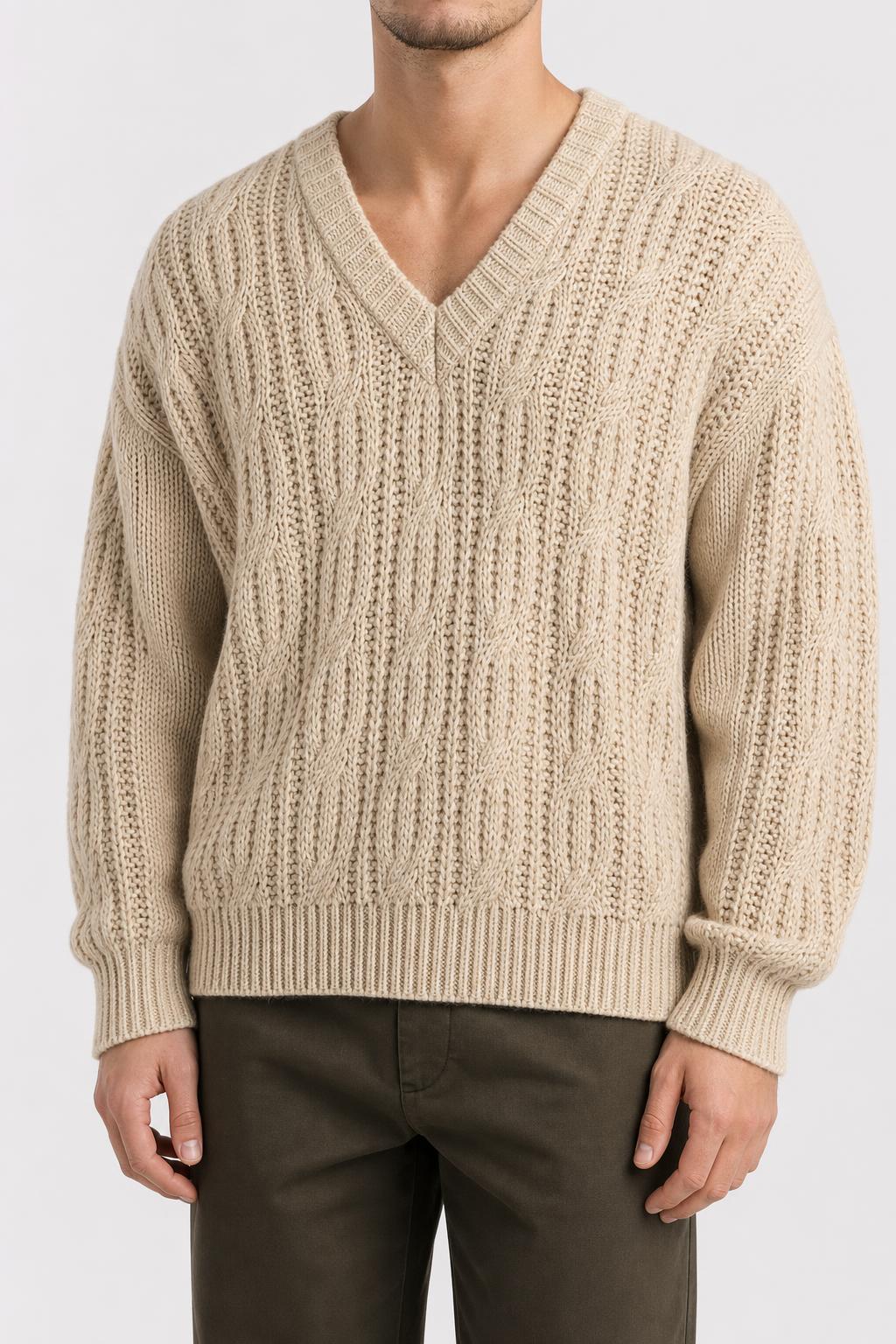 Maglione scollo a V a trecce panna vintage – Uomo Taglia L