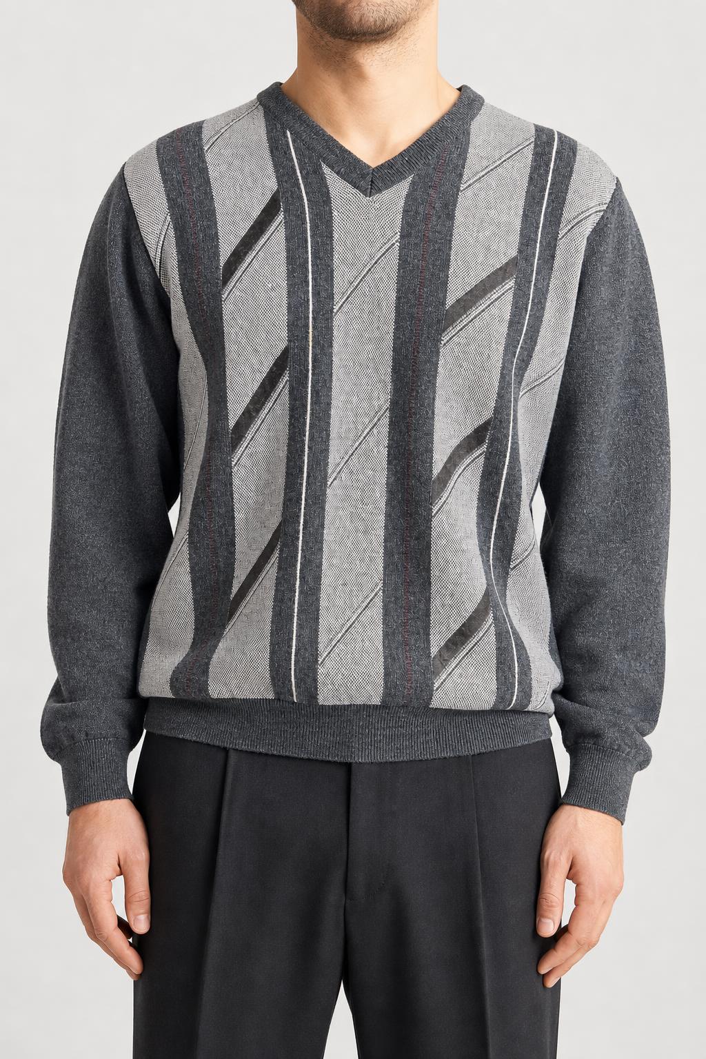 Maglione scollo a V grigio a fantasia geometrica vintage – Uomo Taglia L