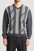 Maglione scollo a V grigio a fantasia geometrica vintage – Uomo Taglia L