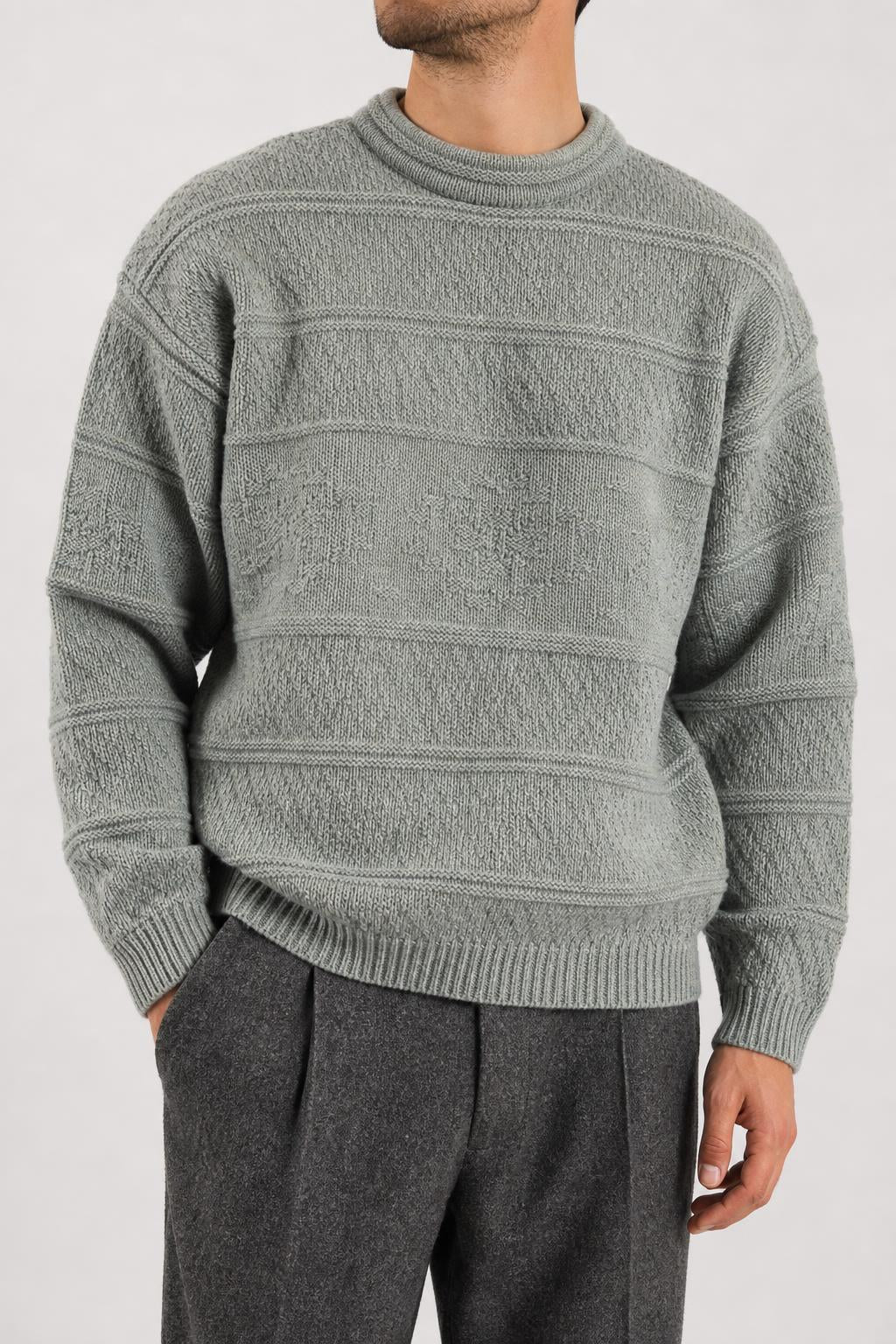 Maglione girocollo in maglia lavorata verde salvia Stefanel vintage – Uomo Taglia L