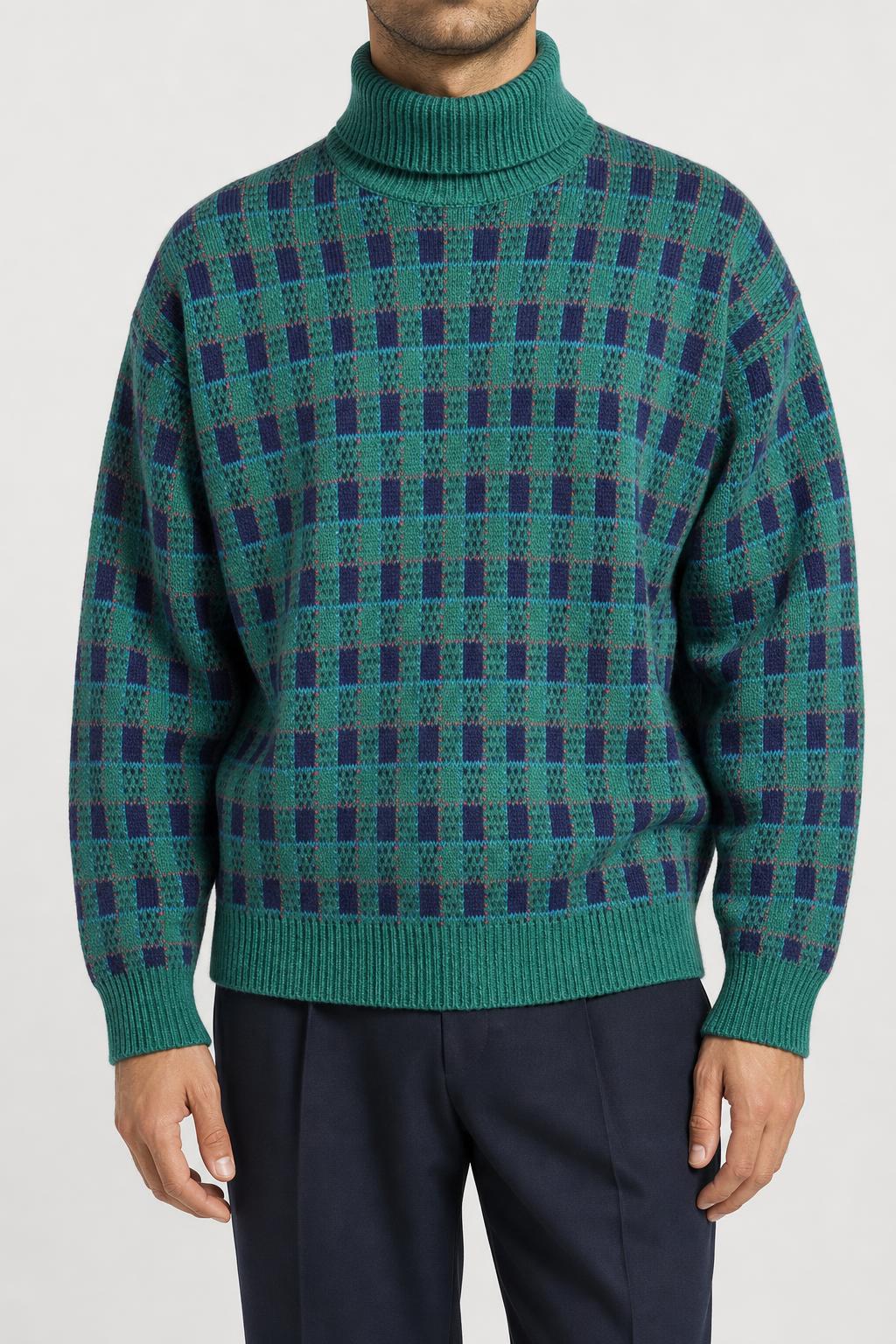 Maglione dolcevita in maglia verde a quadretti Loli & Wolf vintage – Uomo Taglia L