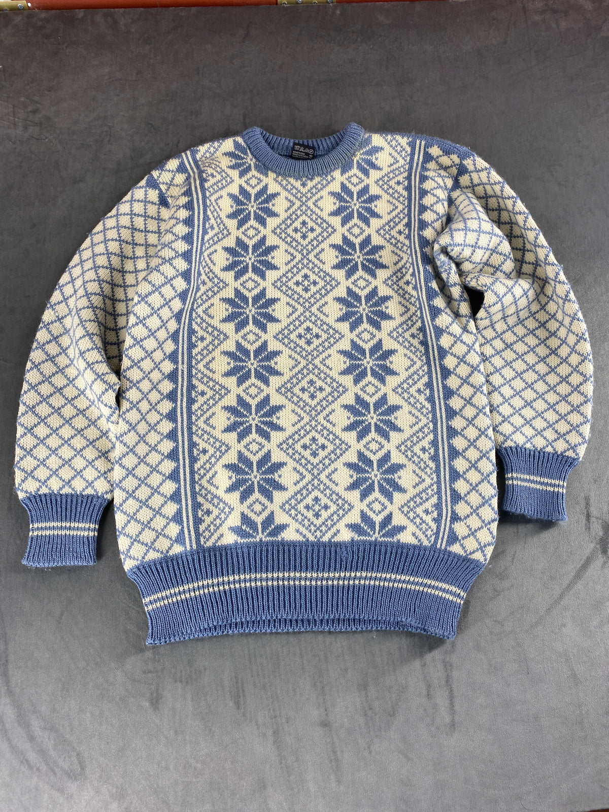 Maglione girocollo norvegese in lana bianco e blu Dale of Norway vintage – Uomo Taglia M
