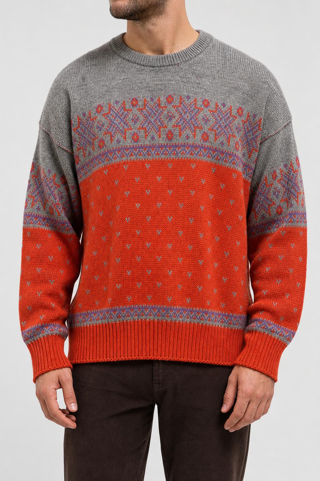 Maglione girocollo grigio e arancione a fantasia Subalpino vintage – Uomo Taglia L