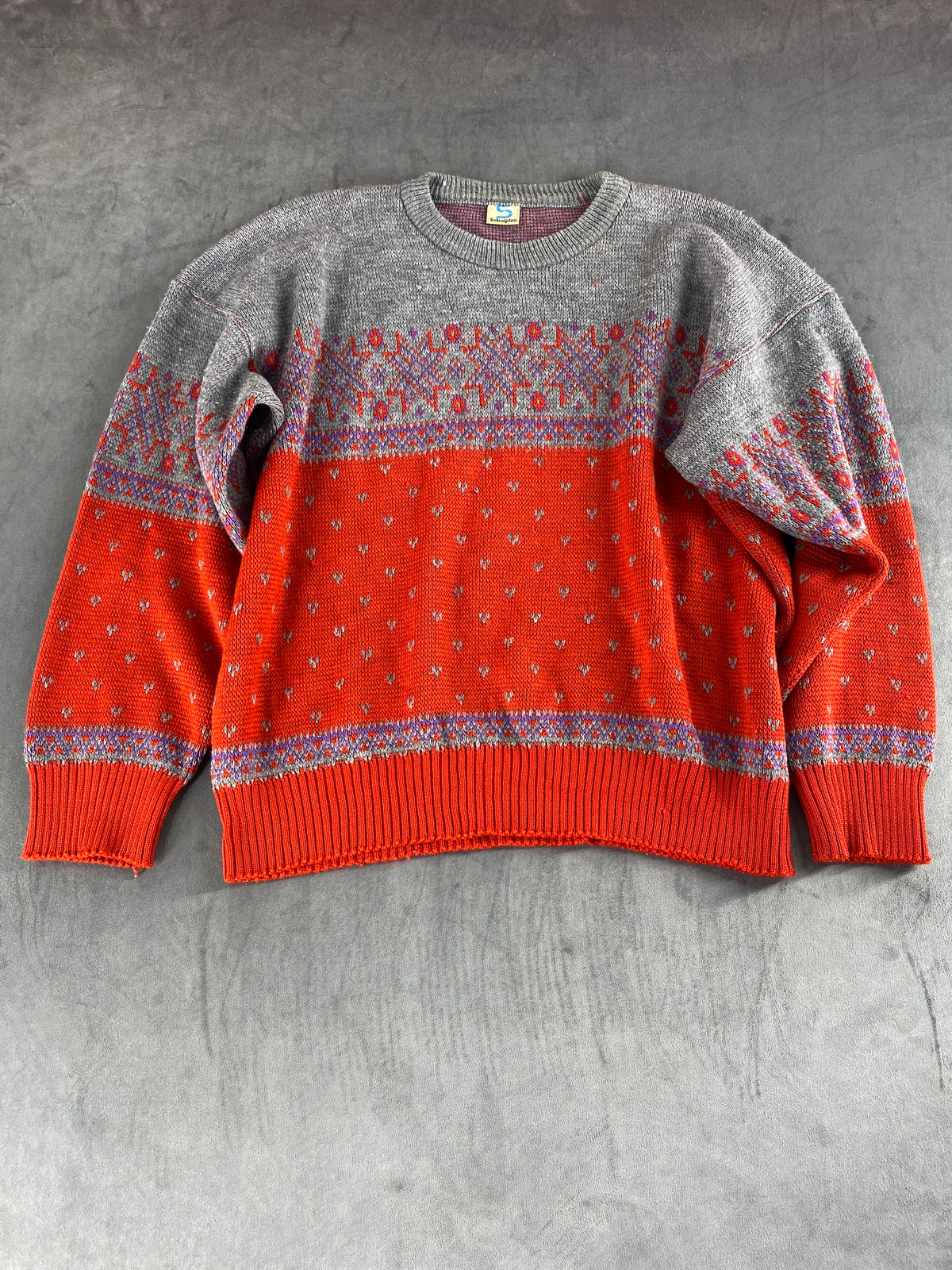 Maglione girocollo grigio e arancione a fantasia Subalpino vintage – Uomo Taglia L