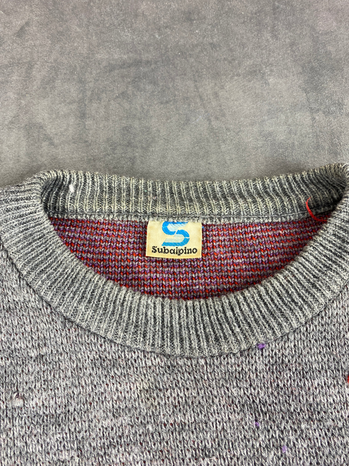 Maglione girocollo grigio e arancione a fantasia Subalpino vintage – Uomo Taglia L