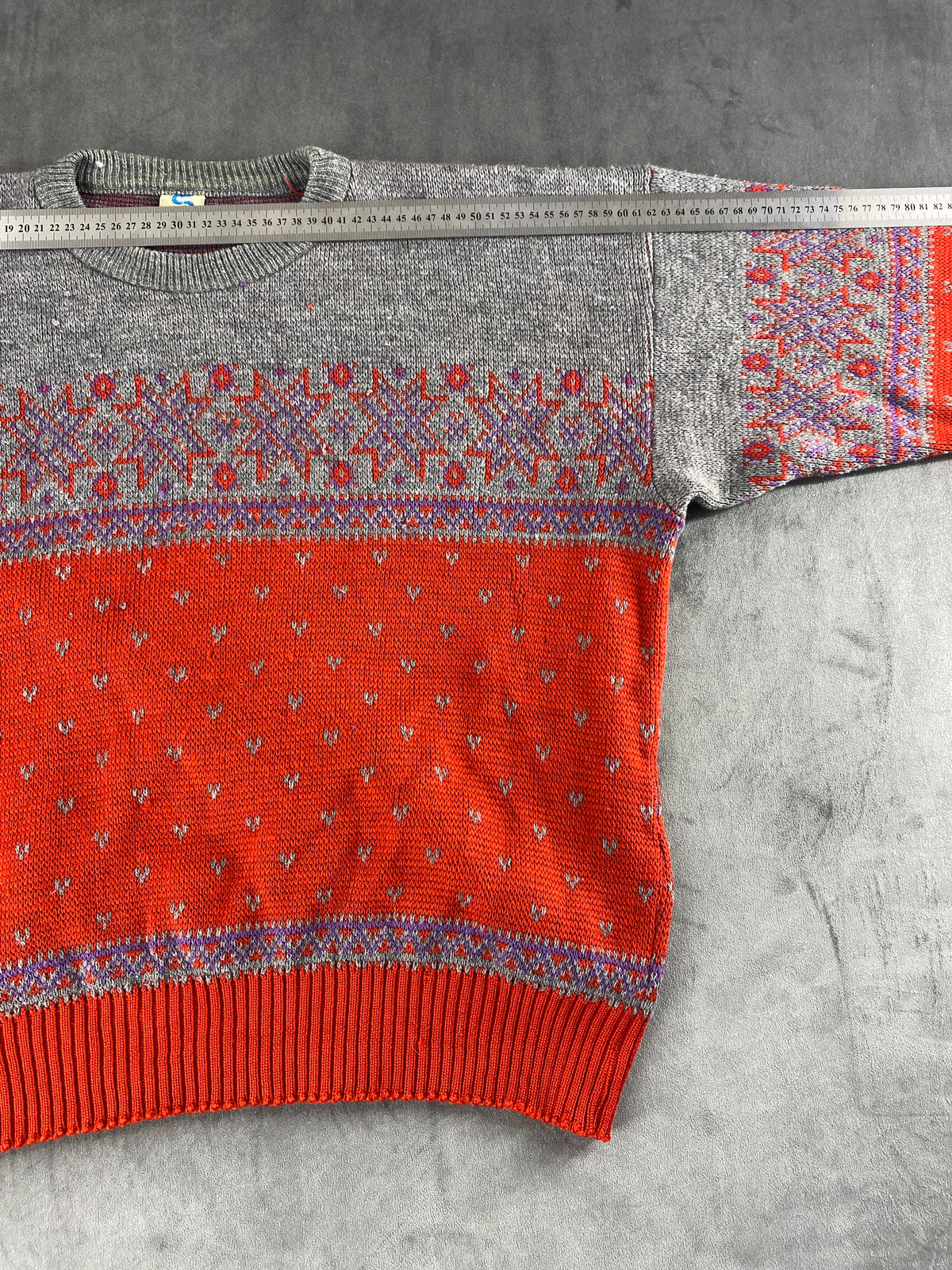 Maglione girocollo grigio e arancione a fantasia Subalpino vintage – Uomo Taglia L
