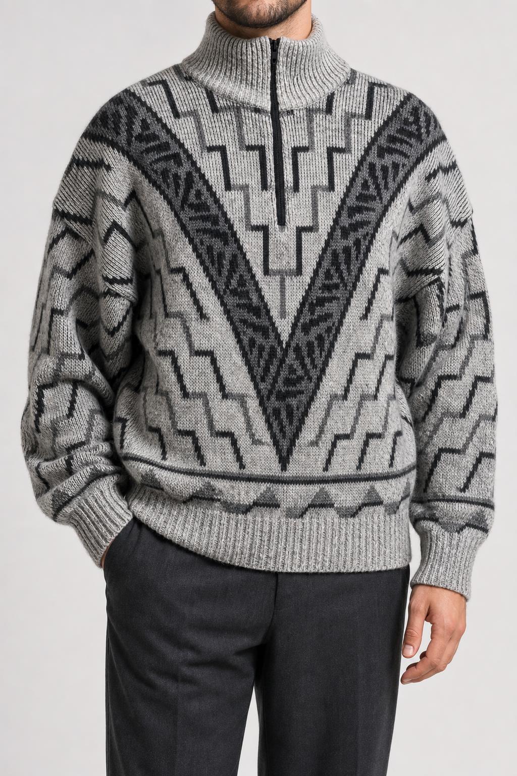 Maglione mezza zip in maglia grigio a fantasia geometrica vintage – Uomo Taglia L (IT 50)