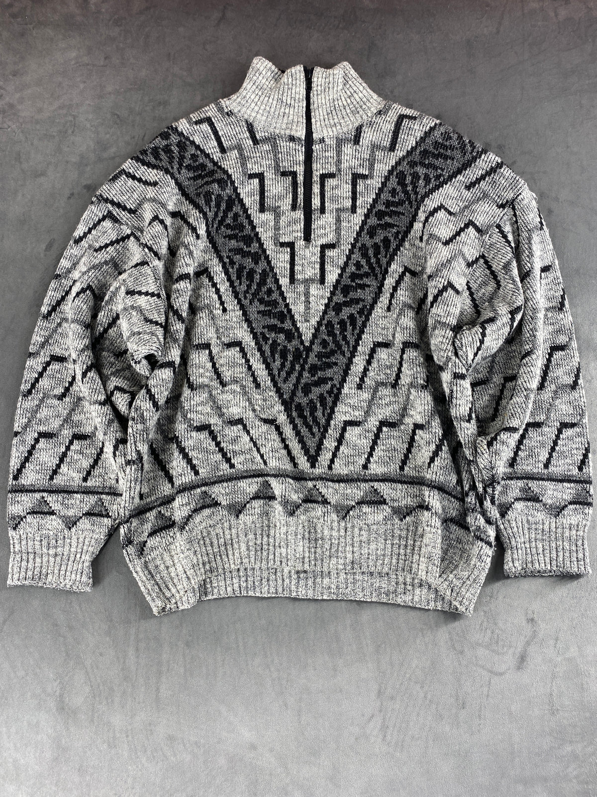 Maglione mezza zip in maglia grigio a fantasia geometrica vintage – Uomo Taglia L (IT 50)