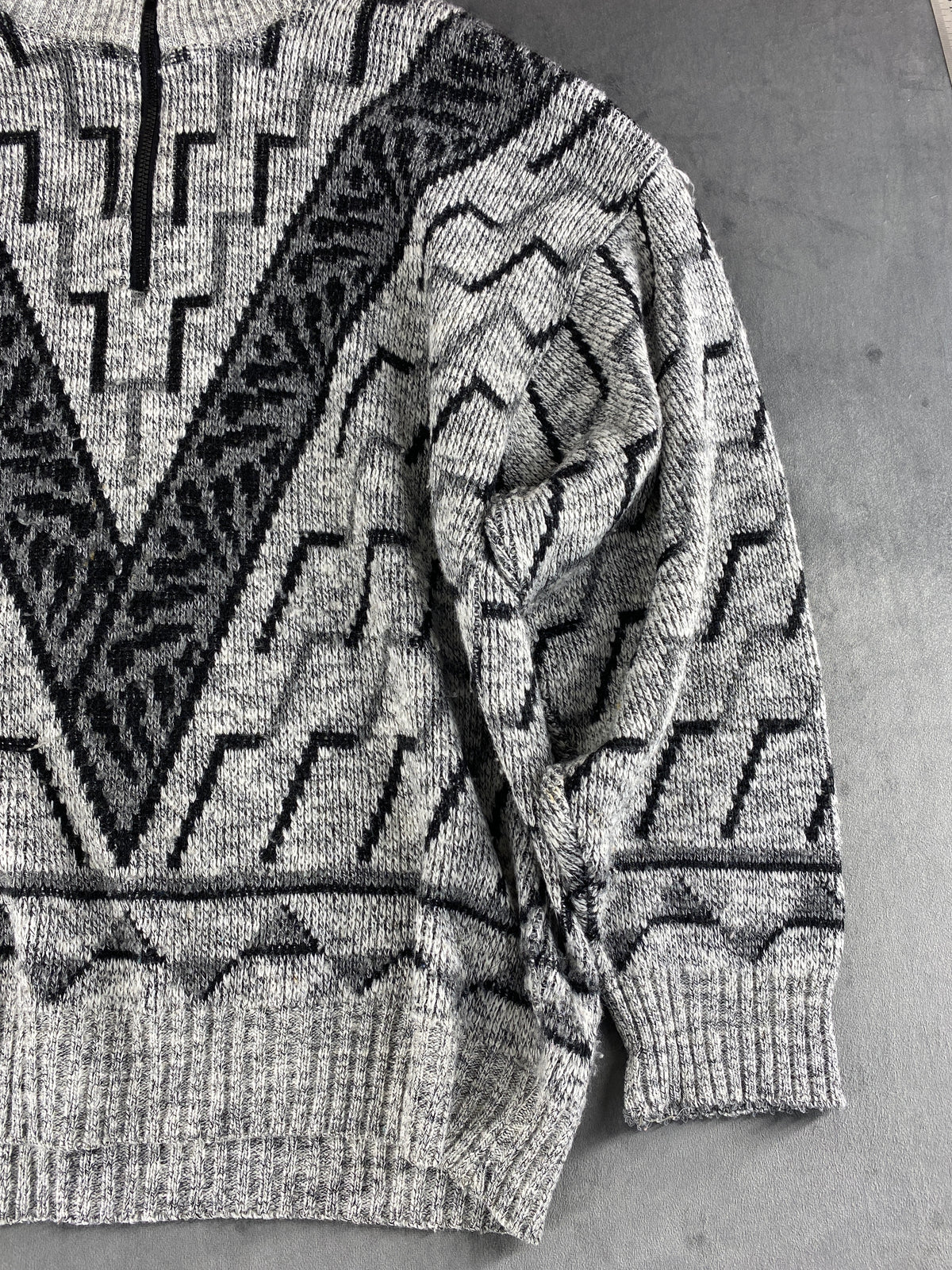 Maglione mezza zip in maglia grigio a fantasia geometrica vintage – Uomo Taglia L (IT 50)