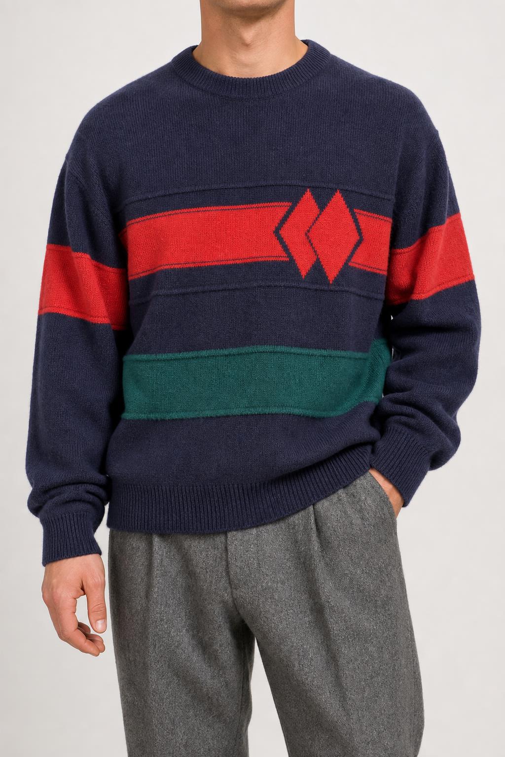 Maglione girocollo blu navy con banda rossa e verde vintage – Uomo Taglia L (IT 52)