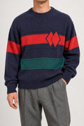 Maglione girocollo blu navy con banda rossa e verde vintage – Uomo Taglia L (IT 52)