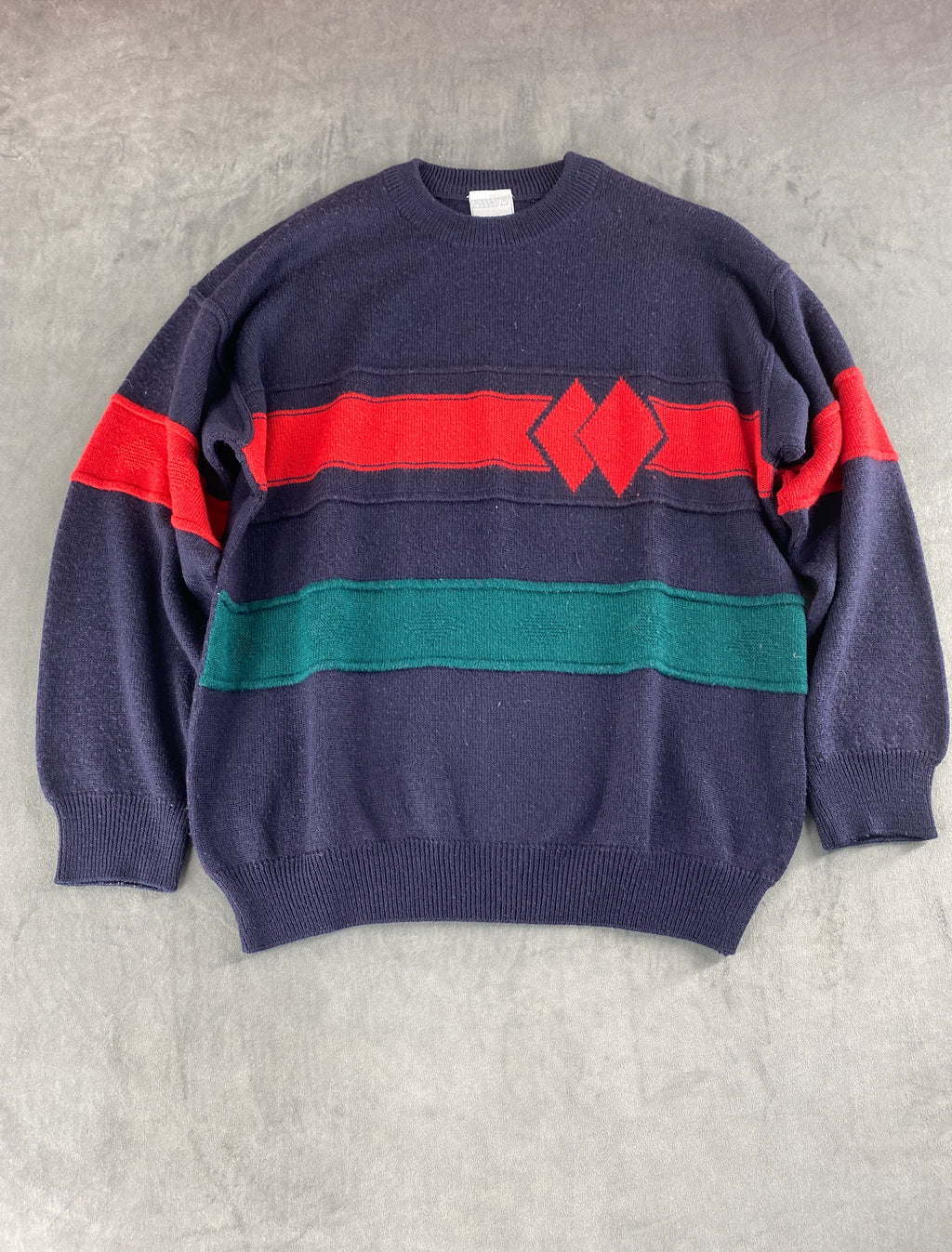 Maglione girocollo blu navy con banda rossa e verde vintage – Uomo Taglia L (IT 52)